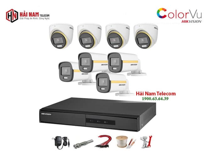 Trọn bộ 8 camera Hikvision 2MP ColorVu kèm phụ kiện